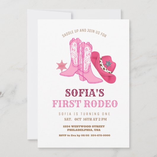 ピンファーストロデオ女性のカーボーイ誕生日パーティー 招待状 (正面)