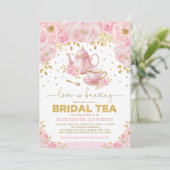 ピンフェミニンク金ゴールドフラワーハイティーブライダルシャワー 招待状 (スタンド正面)