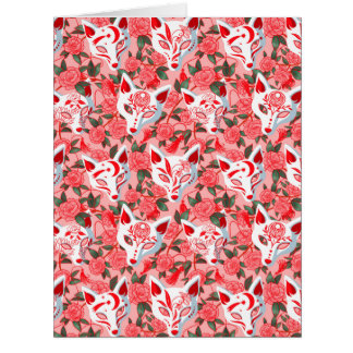 ピンポストカーのキツネ面と咲く椿