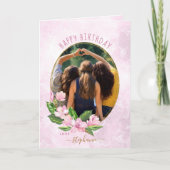 ピンモダンク金ゴールドフローラリースフォト誕生日 カード (正面)