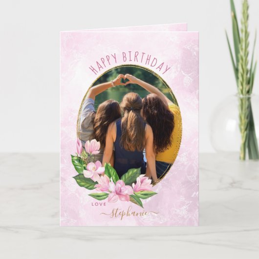 ピンモダンク金ゴールドフローラリースフォト誕生日 カード (正面)