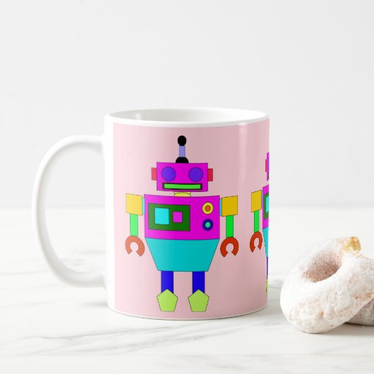 ピンモダンク・ブルカラフルーロボットイラストレーション ツートーンマグカップ (ドーナツ)