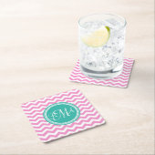 ピンモノグラムのク&ティール（緑がかった色）シェブロンカスタム スクエアペーパーコースター (インサイチュ)