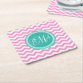 ピンモノグラムのク&ティール（緑がかった色）シェブロンカスタム スクエアペーパーコースター (アングル)