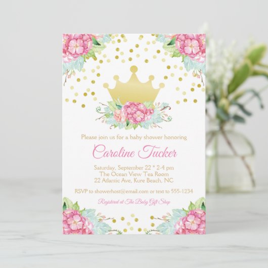 ピン王室のク金ゴールドプリンセスかわいらしフローラベビーシャワー 招待状 (スタンド正面)