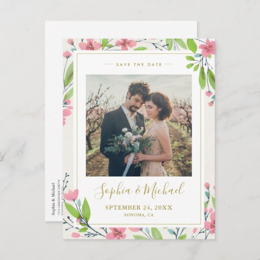 ピン素朴クのフローラ写真保存日招待状 ポストカード (正面/裏面)