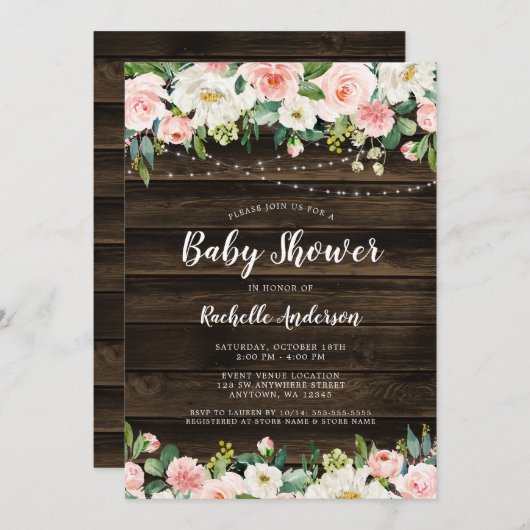 ピン素朴クフローラのひも灯少女のベビーシャワー 招待状 (正面/裏面)