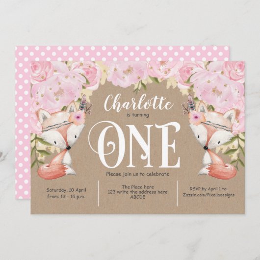 ピン素朴クフローラ、ウッドランド、女の子1歳の誕生日 招待状 (正面/裏面)