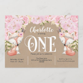 ピン素朴クフローラ、ウッドランド、女の子1歳の誕生日 招待状