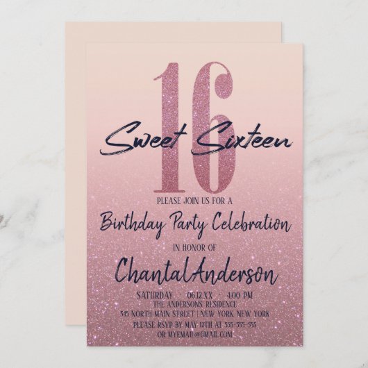 ピーガーリーチピンクフェイクグリッターグラデーションSweet sixteen 招待状 (正面/裏面)