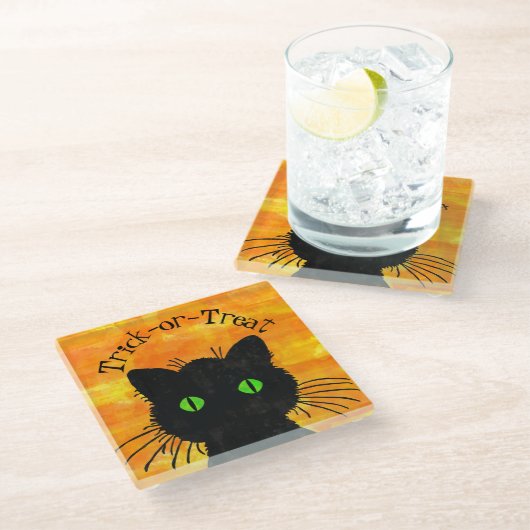 ピーキングブラックキャットハロウィーンウォーターカラーデザイン ガラスコースター (アングル)