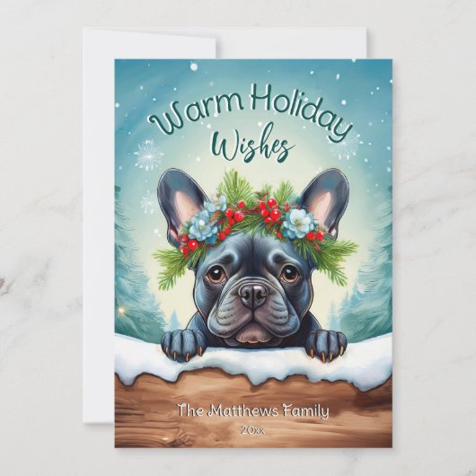 ピーキングブルフランスのドッグかわいいクリスマスペットポートレート シーズンカード (正面)
