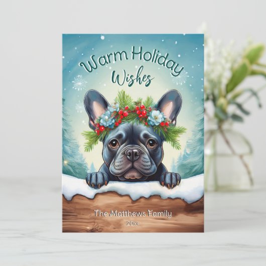 ピーキングブルフランスのドッグかわいいクリスマスペットポートレート シーズンカード (スタンド正面)