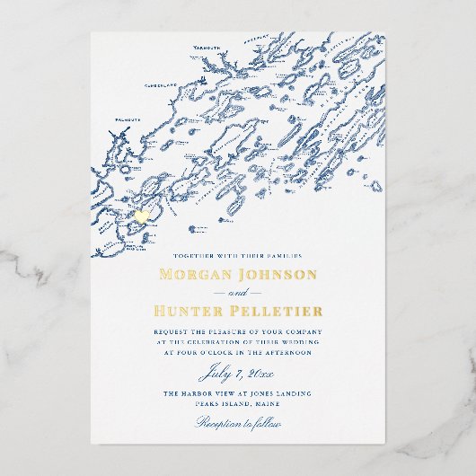 ピークスアイランドメ結婚インのエレガント海軍と金ゴールド 箔招待状 (正面)
