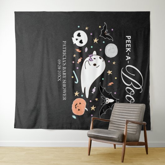 ピーク・ア・ブー ゴースト ハロウィン ベイビー シャワー 背景 タペストリー (インサイチュ(横))