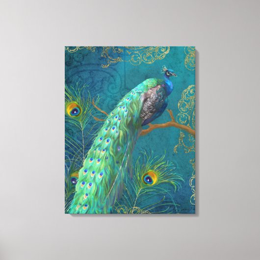 ピーコッエレガントクn羽オン枝のブ絵を描ルー キャンバスプリント (正面)