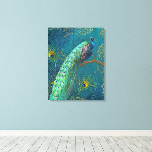 ピーコッエレガントクn羽オン枝のブ絵を描ルー キャンバスプリント (インサイチュ (ウッドフロア))