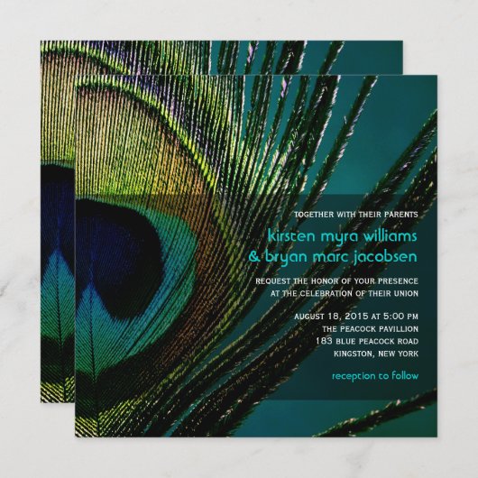 ピーコッカラフルクフェザー写真ボホチ結婚ックズ 招待状 (正面/裏面)