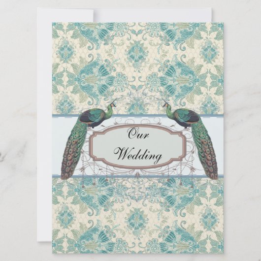 ピーコックとクリーエレガントムティール(緑がかった色)ダマスクの結婚式 招待状 (正面)