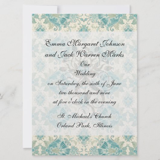 ピーコックとクリーエレガントムティール(緑がかった色)ダマスクの結婚式 招待状 (裏面)
