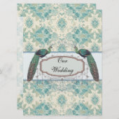 ピーコックとクリーエレガントムティール(緑がかった色)ダマスクの結婚式 招待状 (正面/裏面)