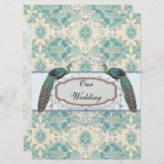 ピーコックとクリーエレガントムティール(緑がかった色)ダマスクの結婚式 招待状 (正面/裏面)