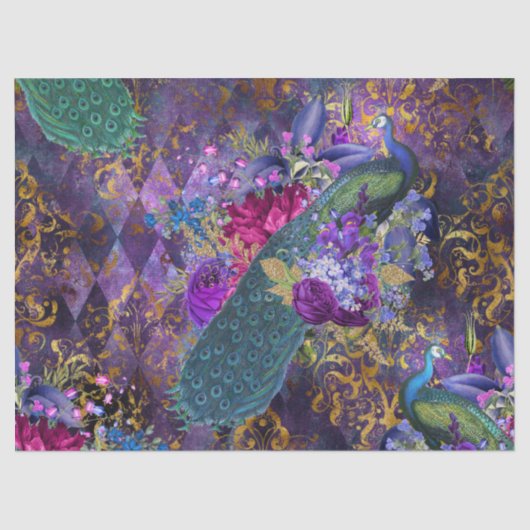 ピーコックと花が紫のデコパージュに 薄葉紙 (正面)