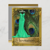 ピーコックと金ゴールドグリーンアレパーティー 招待状 (正面/裏面)