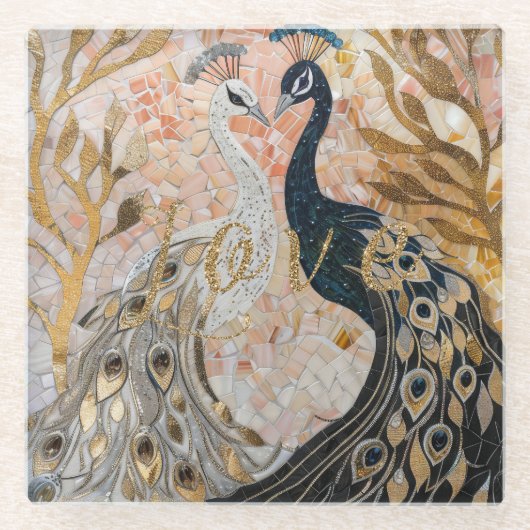 ピーコックのゴールドグリッター ラブ ブラッシュ ローズ ガラスコースター (正面)