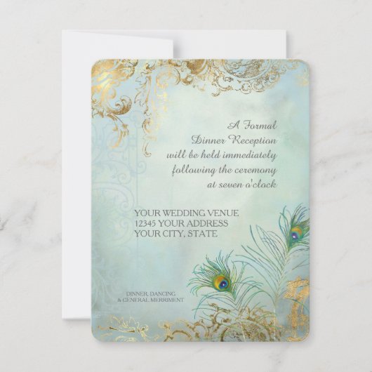 ピーコックの羽根がエレガントな結婚式のディナー・レセプション 招待状 (正面)