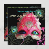 ピーコックの羽根が付いた赤いマスクの仮面舞踏会パーティー 招待状 (正面/裏面)