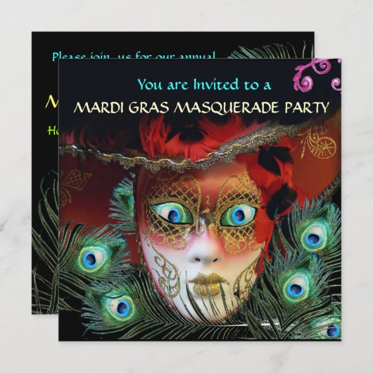 ピーコックの羽根が付いた赤いマスクの仮面舞踏会 招待状 (正面/裏面)