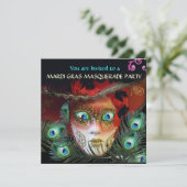 ピーコックの羽根が付いた赤いマスクの仮面舞踏会 招待状 (スタンド正面)