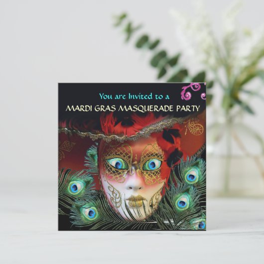 ピーコックの羽根が付いた赤いマスクの仮面舞踏会 招待状 (スタンド正面)