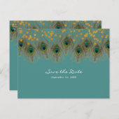 ピーコックの羽根とゴールド　あらゆる色のSave the Date 案内ポストカード (正面/裏面)