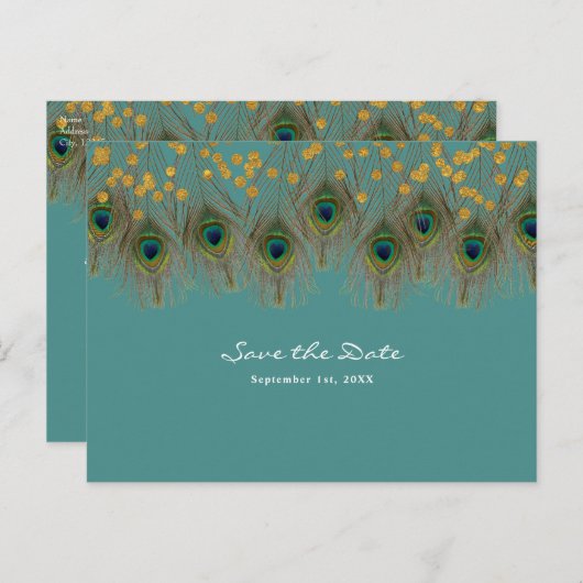 ピーコックの羽根とゴールド　あらゆる色のSave the Date 案内ポストカード (正面/裏面)