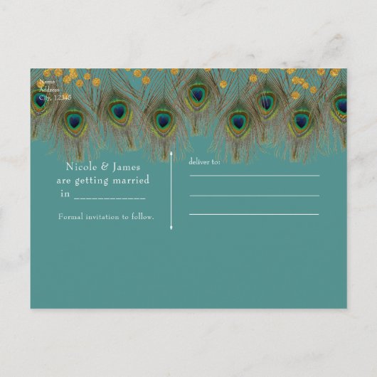 ピーコックの羽根とゴールド　あらゆる色のSave the Date 案内ポストカード (裏面)