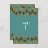 ピーコックの羽根とゴールド　任意の色のテーブルナンバー 招待状 (正面/裏面)