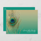 ピーコックの羽根とサンド、テールのボヘミア風Save the Date 案内ポストカード (正面/裏面)