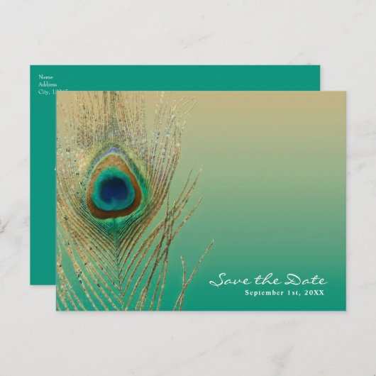 ピーコックの羽根とサンド、テールのボヘミア風Save the Date 案内ポストカード (正面/裏面)