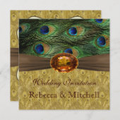 ピーコックの羽根とフェイクアンバー ウェディング 招待状 (正面/裏面)