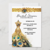 ピーコックの羽根のドレス エレガント ゴールド ホワイト ティール 招待状 (正面)