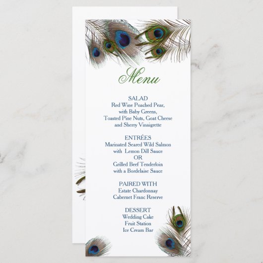 ピーコックの羽根、カスタム結婚式メニュー メニュー (正面/裏面)