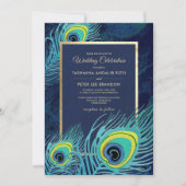 ピーコックの羽根 ネイビーブルー ゴールド 結婚式 招待状 (正面)