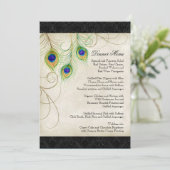 ピーコックの羽根 ブラック ダマスク 結婚式 ステーショナリー メニュー (スタンド正面)