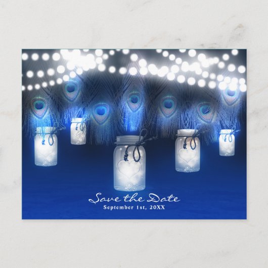 ピーコックの羽根、メイソンジャー＆ライトでSave the Date 案内ポストカード (正面)