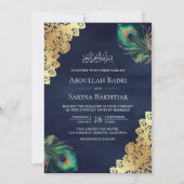 ピーコックの羽根QRコード ネイビーブルー ムスリムウェディング 招待状 (正面)