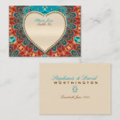 ピーコックろうけつ染めアクア結婚金ゴールドのテーブルシートカード プレイスカード (正面/裏面)