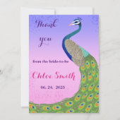ピーコックをテーマにしたピンクとブルーのブライダルシャワー サンキューカード (正面)