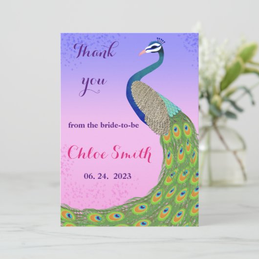 ピーコックをテーマにしたピンクとブルーのブライダルシャワー サンキューカード (スタンド正面)